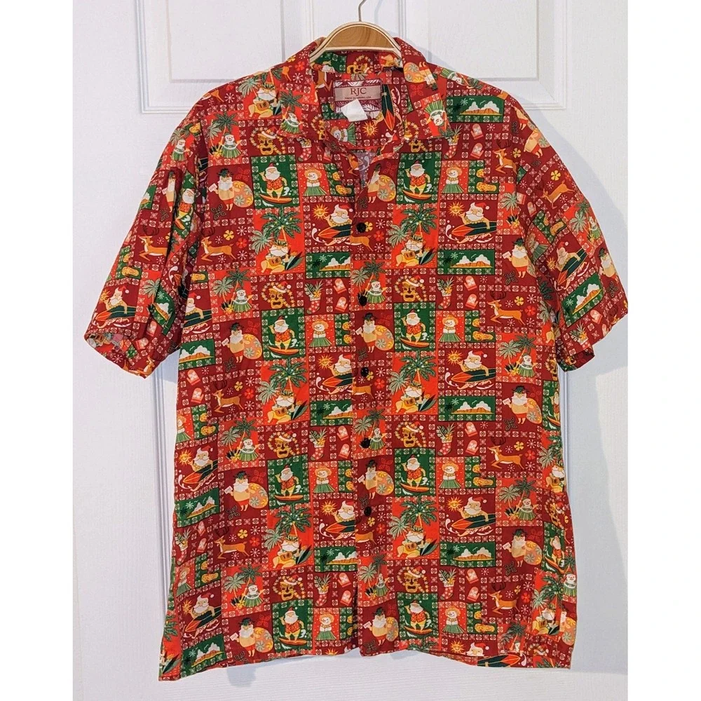 RJC Hawaiian Christmas Shirt Santa Surfing Aloha Holiday Party Red L Made in USA